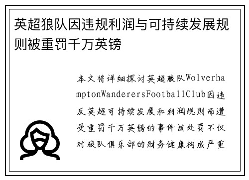 英超狼队因违规利润与可持续发展规则被重罚千万英镑